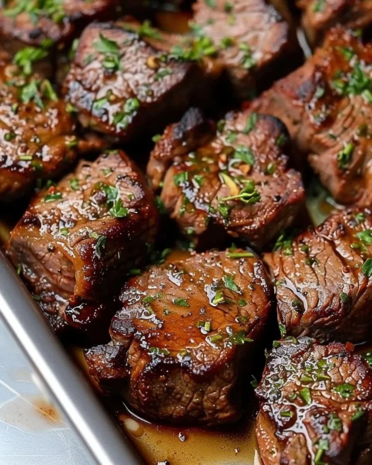 Garlic butter air fryer steak bites served on a plate.