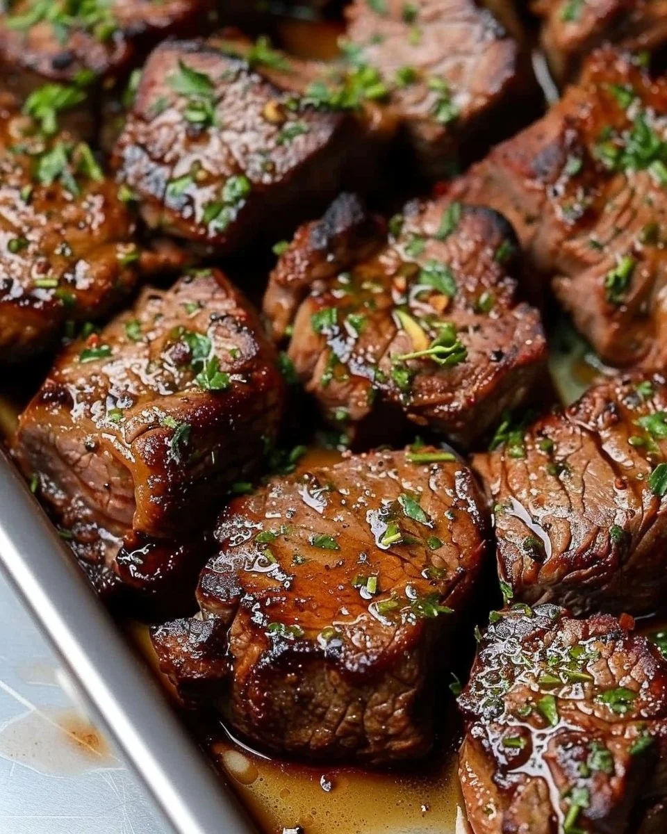 Garlic butter air fryer steak bites served on a plate.