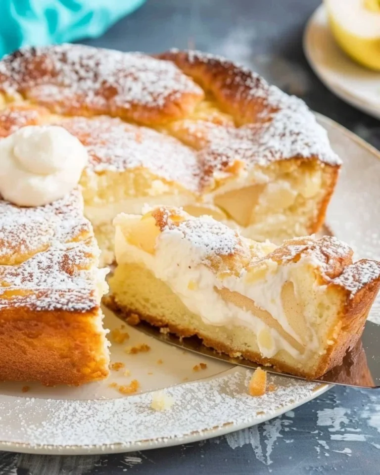 German Apple Custard Cake with crème fraîche, freshly baked and topped with apples.