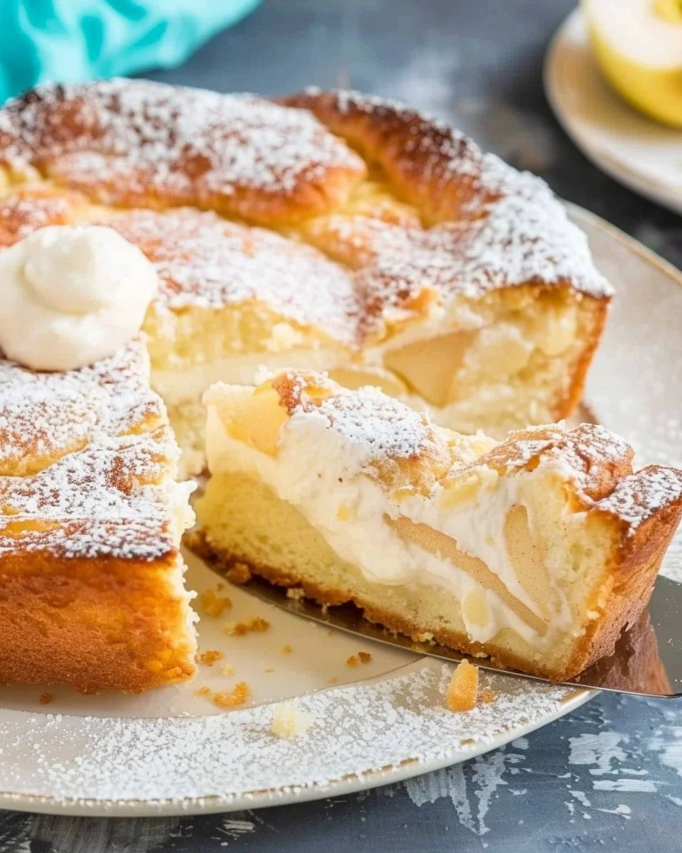 German Apple Custard Cake with crème fraîche, freshly baked and topped with apples.