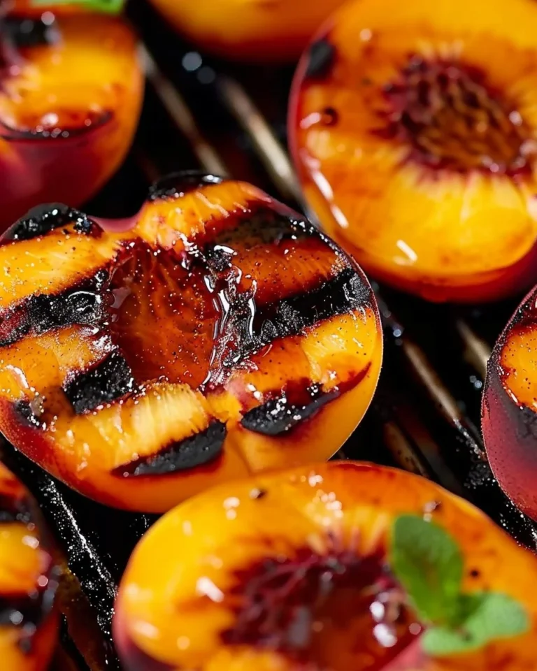 Delicious grilled peaches drizzled with cinnamon honey glaze on a plate