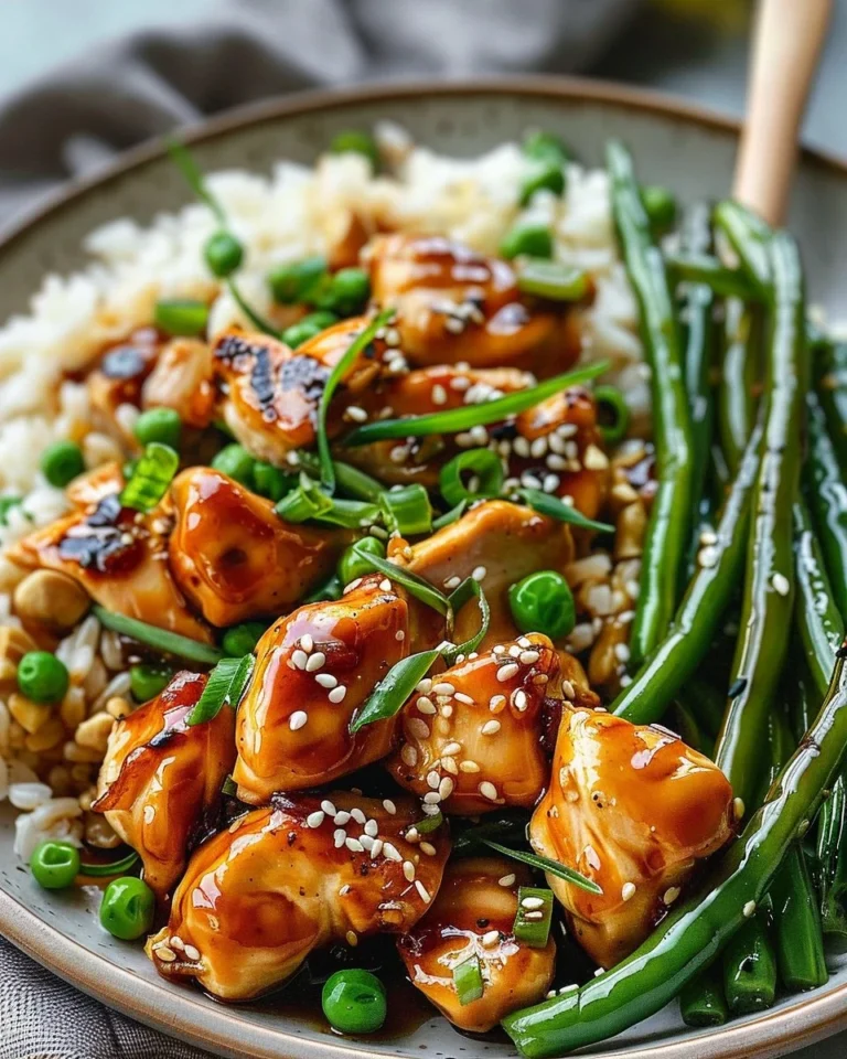 Dish of honey garlic chicken served with green beans on a white plate.