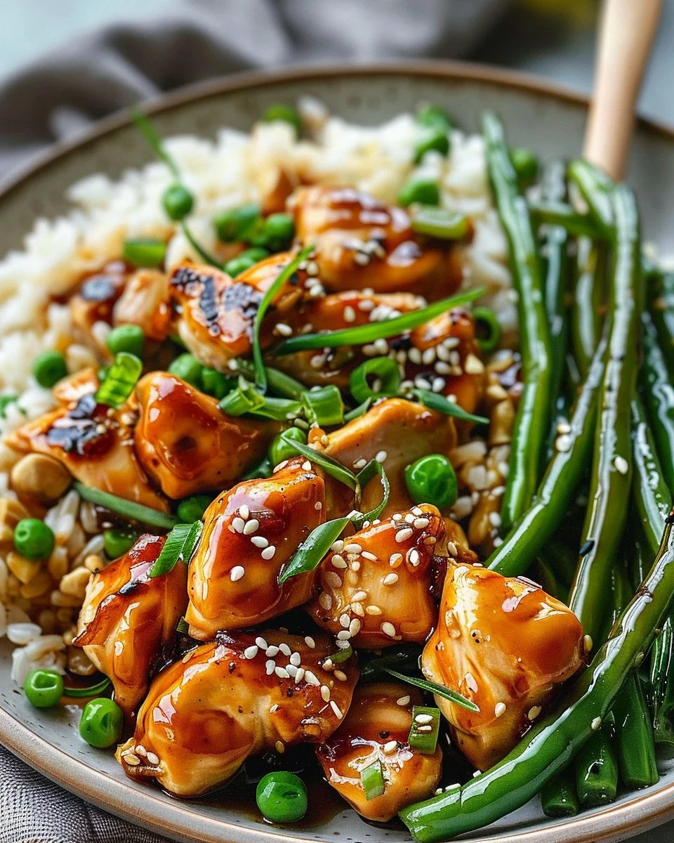 Dish of honey garlic chicken served with green beans on a white plate.