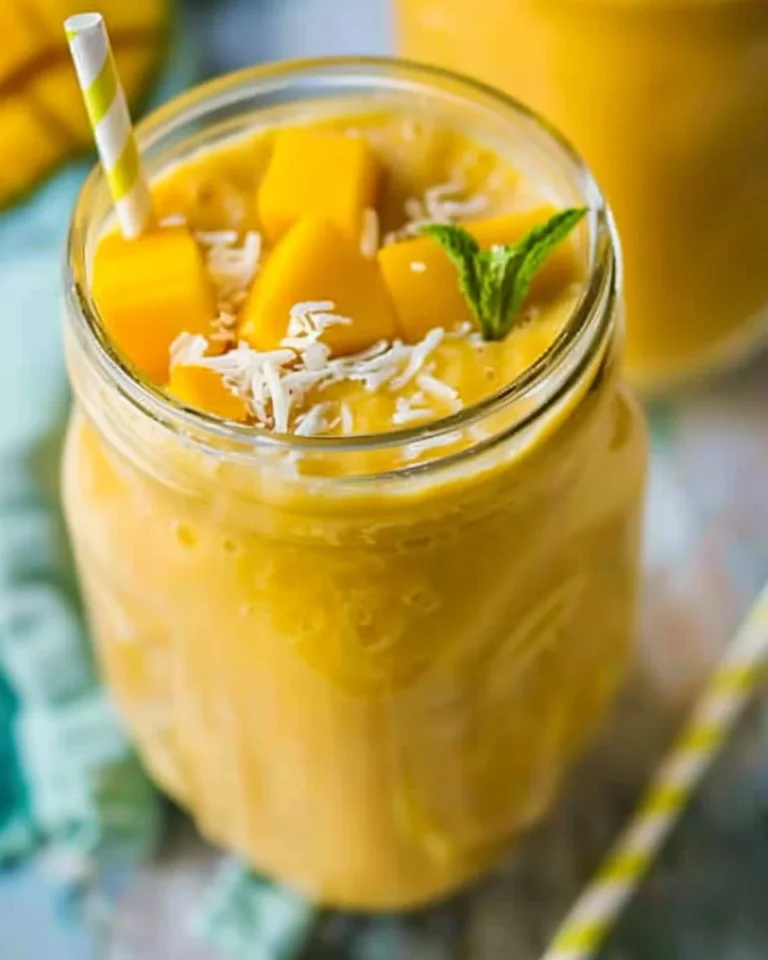 Delicious Mango Coconut Water Smoothie in a glass with vibrant tropical fruits