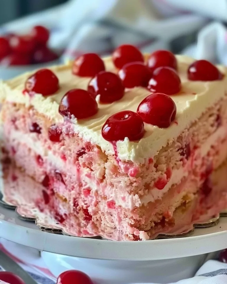 Delicious maraschino cherry cake topped with fresh cherries and frosting.