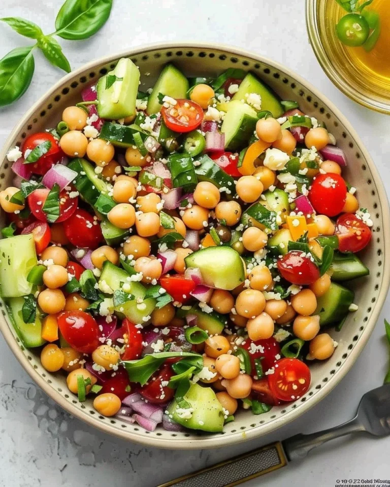 Mediterranean-style chickpea salad with fresh vegetables and herbs.