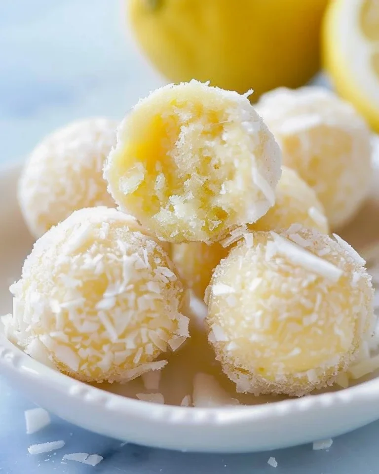 Delicious no-bake lemon truffles dusted with coconut flakes.