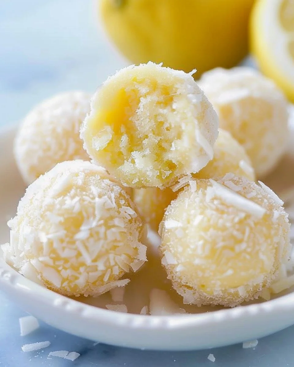 Delicious no-bake lemon truffles dusted with coconut flakes.