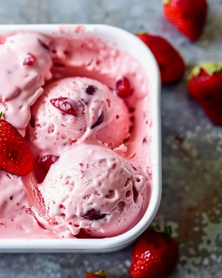 Delicious no churn strawberry ice cream in a bowl topped with fresh strawberries.
