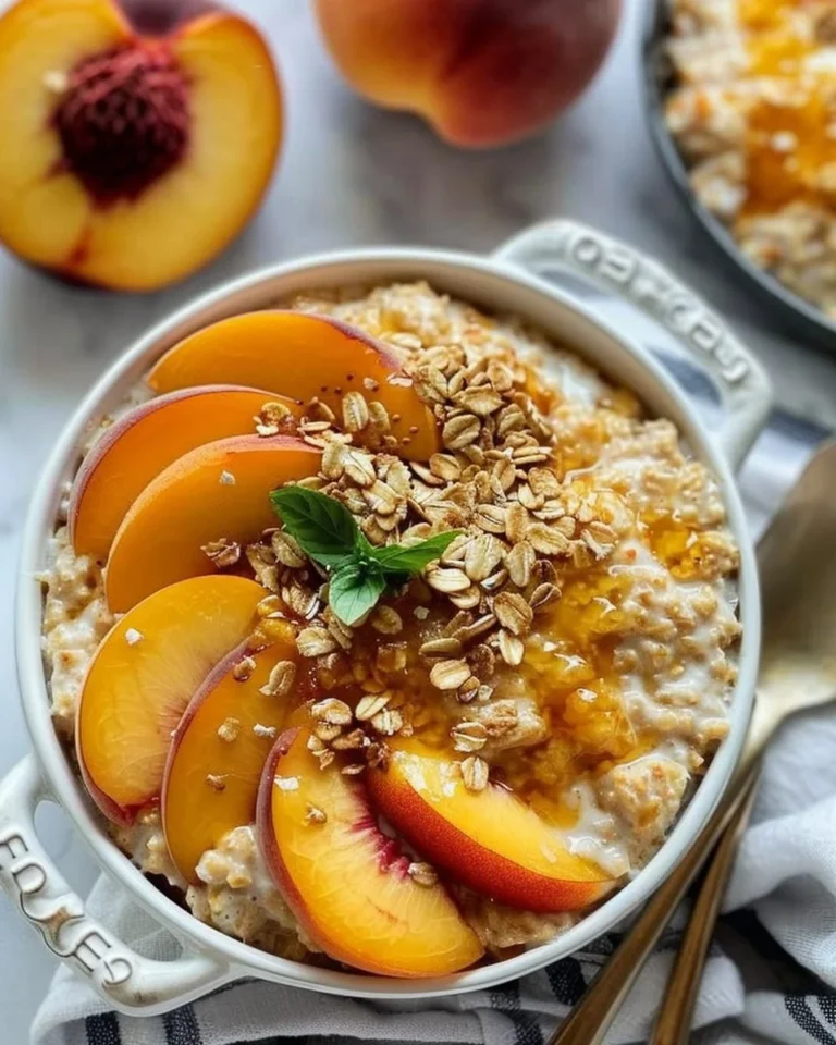 Bowl of Peach Cobbler Oats topped with fresh peaches and cinnamon