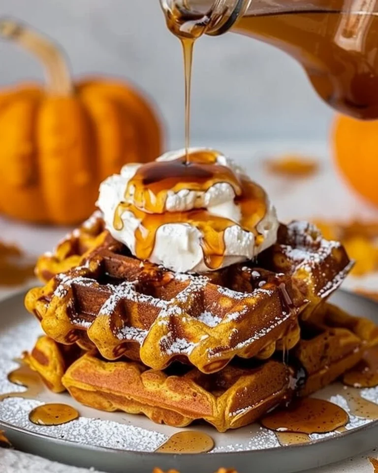 Delicious homemade pumpkin waffles topped with syrup and whipped cream