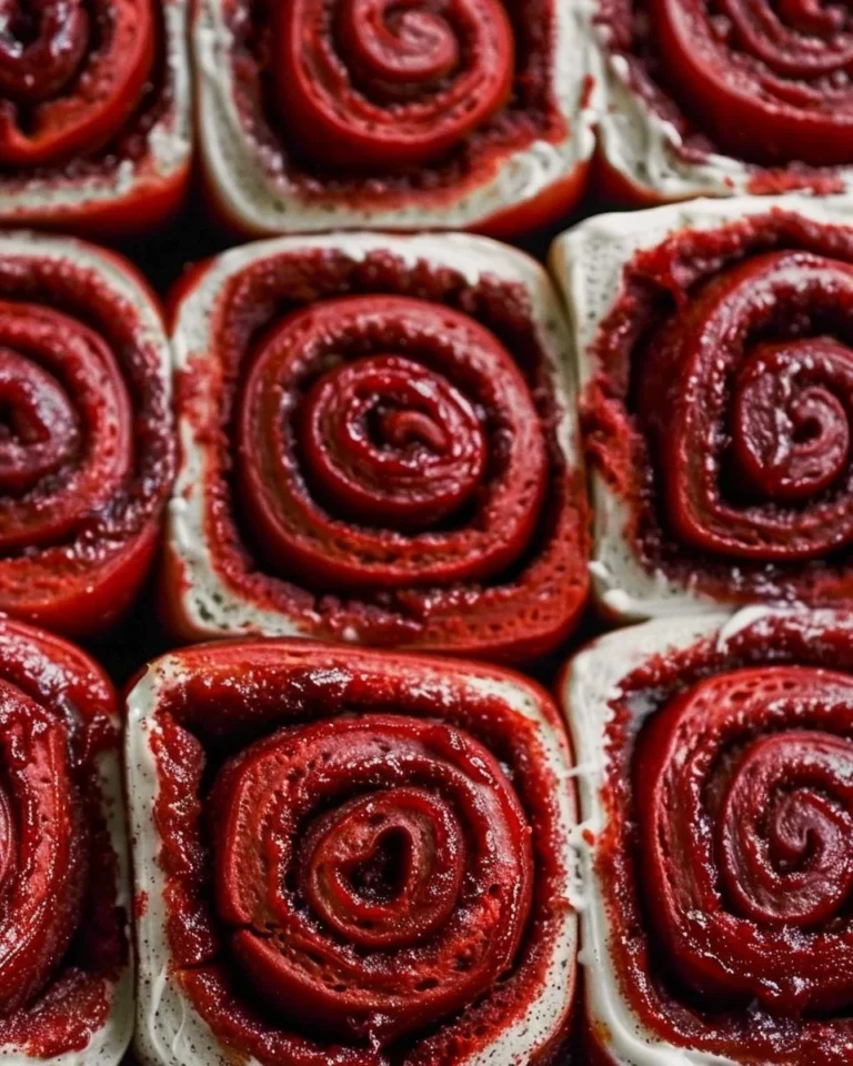Red velvet cinnamon rolls topped with cream cheese frosting