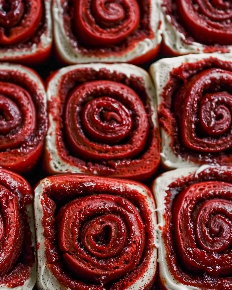 Red velvet cinnamon rolls topped with cream cheese frosting