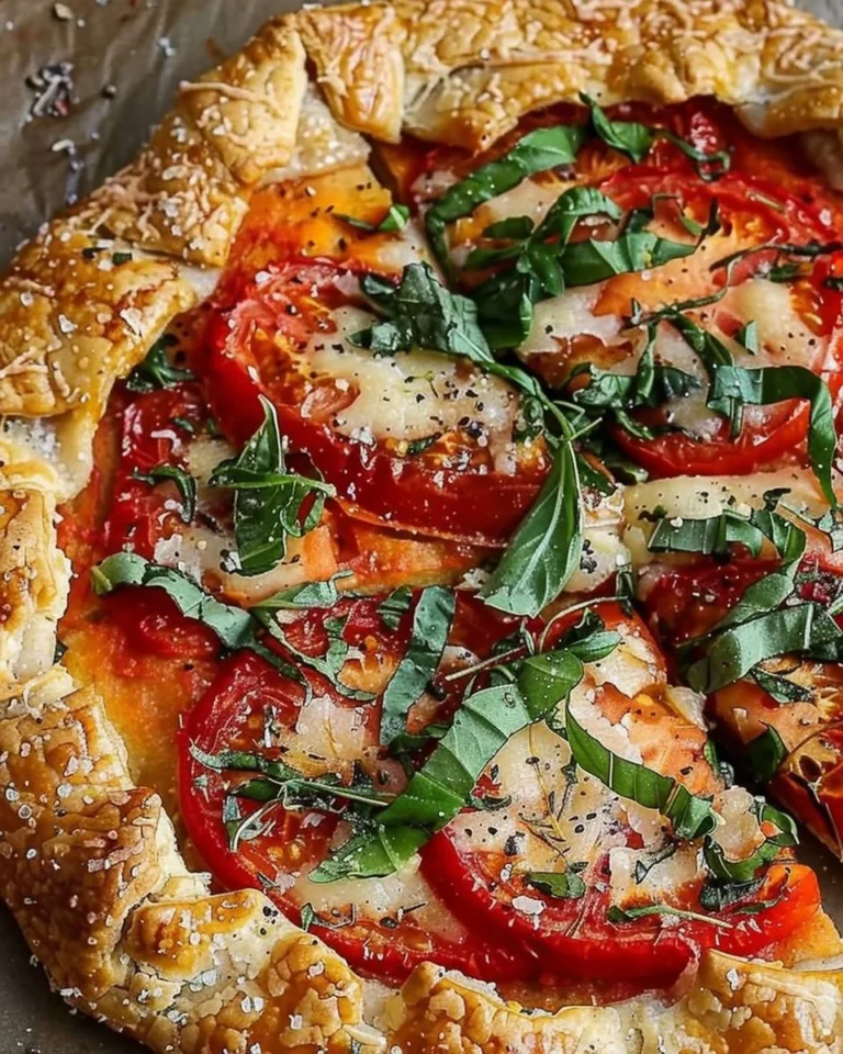 Savory tomato galette with fresh tomatoes and herbs on a flaky crust