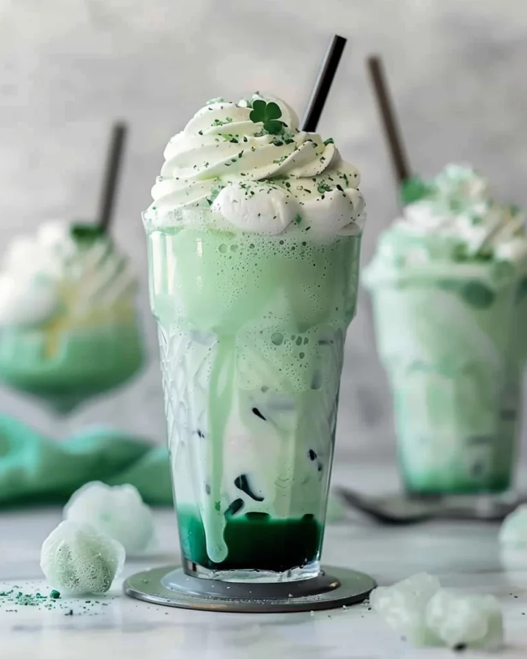 Delicious Shamrock Soda Float topped with whipped cream and a cherry