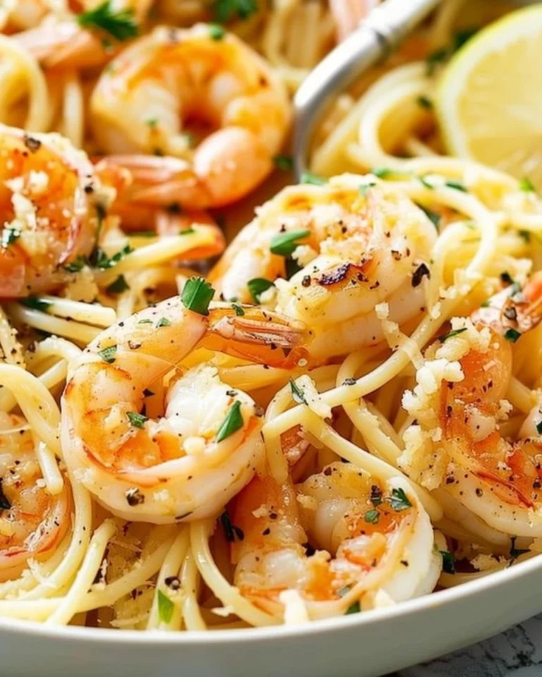Delicious shrimp scampi served with garlic, butter, and herbs