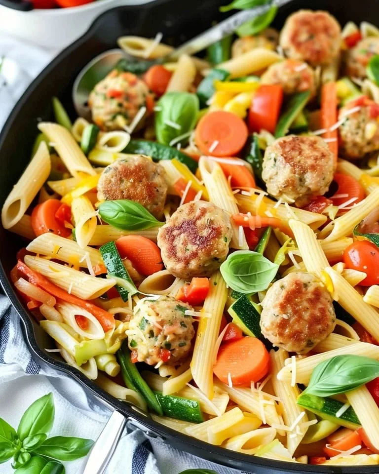 Skillet Pasta Primavera with meatballs served in a vibrant, colorful dish