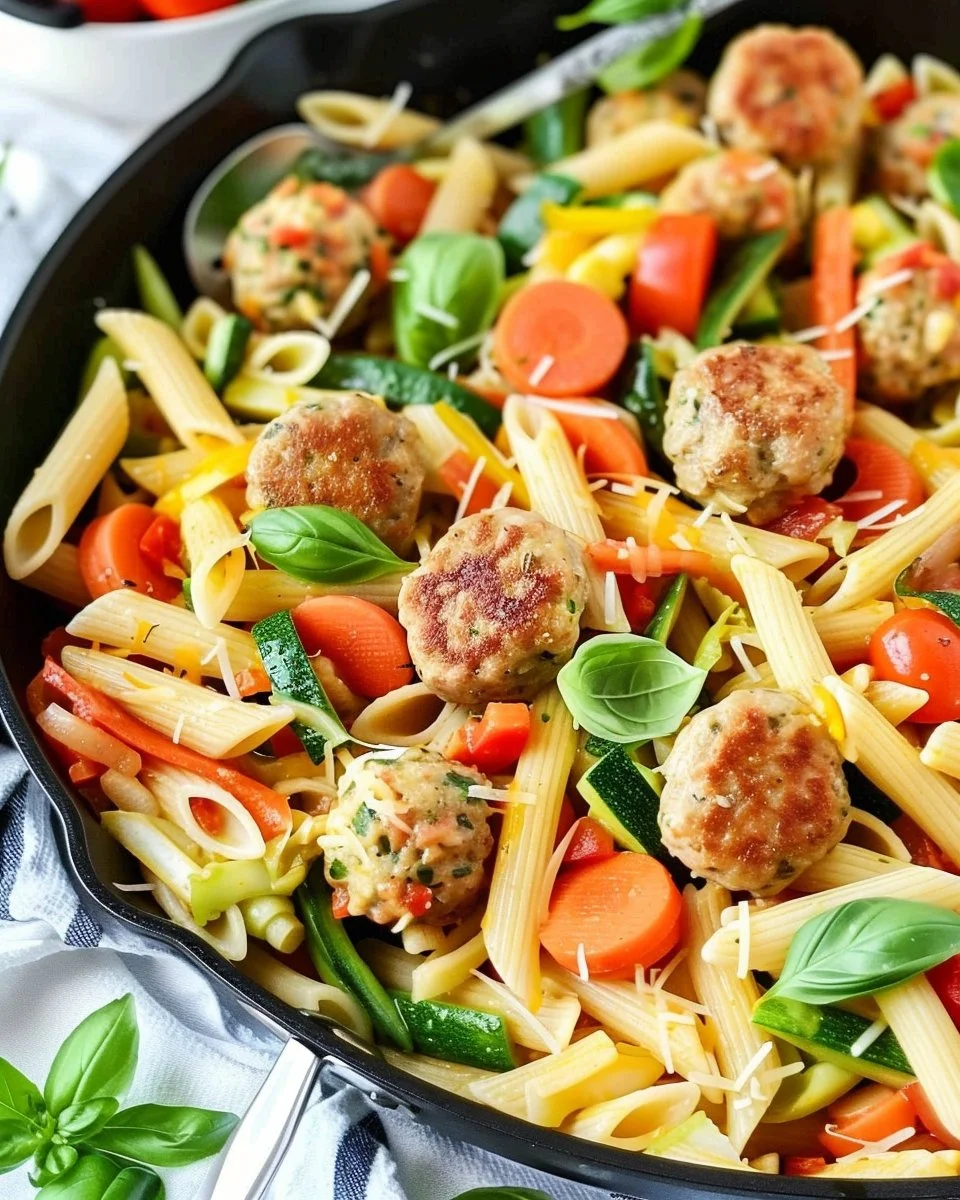 Skillet Pasta Primavera with meatballs served in a vibrant, colorful dish