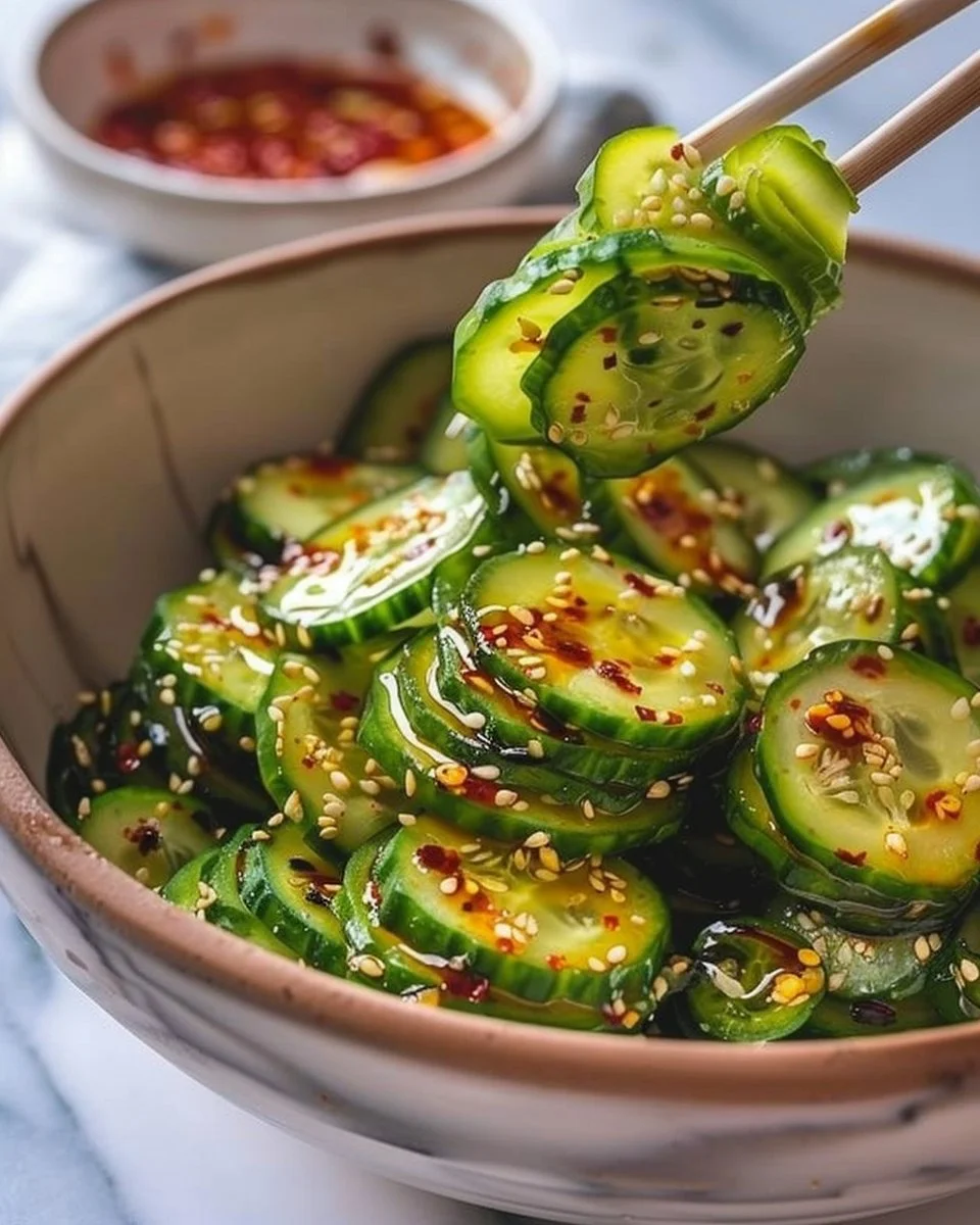 Bowl of Spicy Asian Cucumber Salad with fresh ingredients