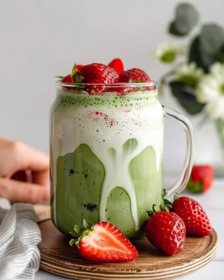 A refreshing Strawberry Matcha Latte topped with fresh strawberries