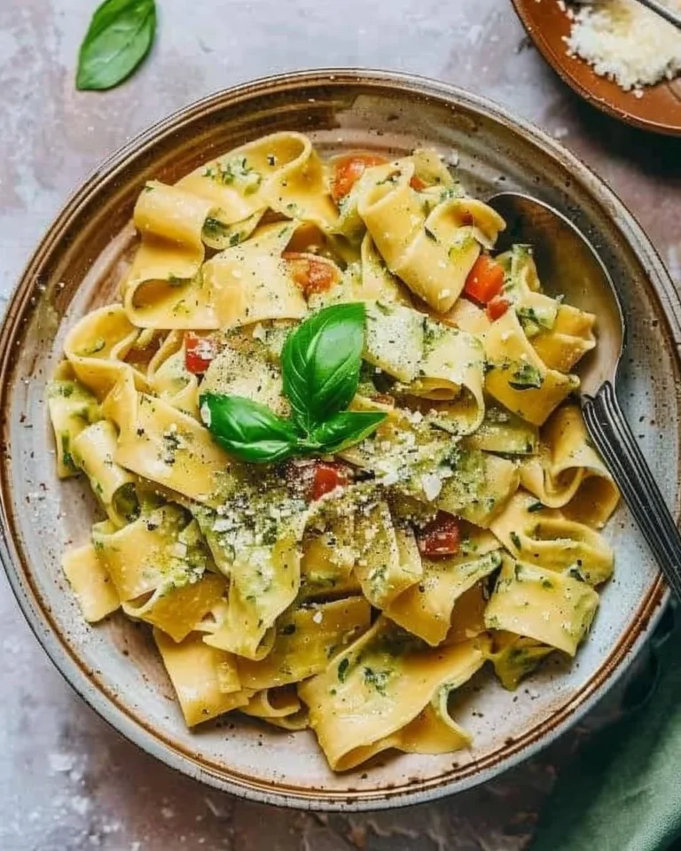 Plate of summer pappardelle with basil cream sauce garnished with fresh basil