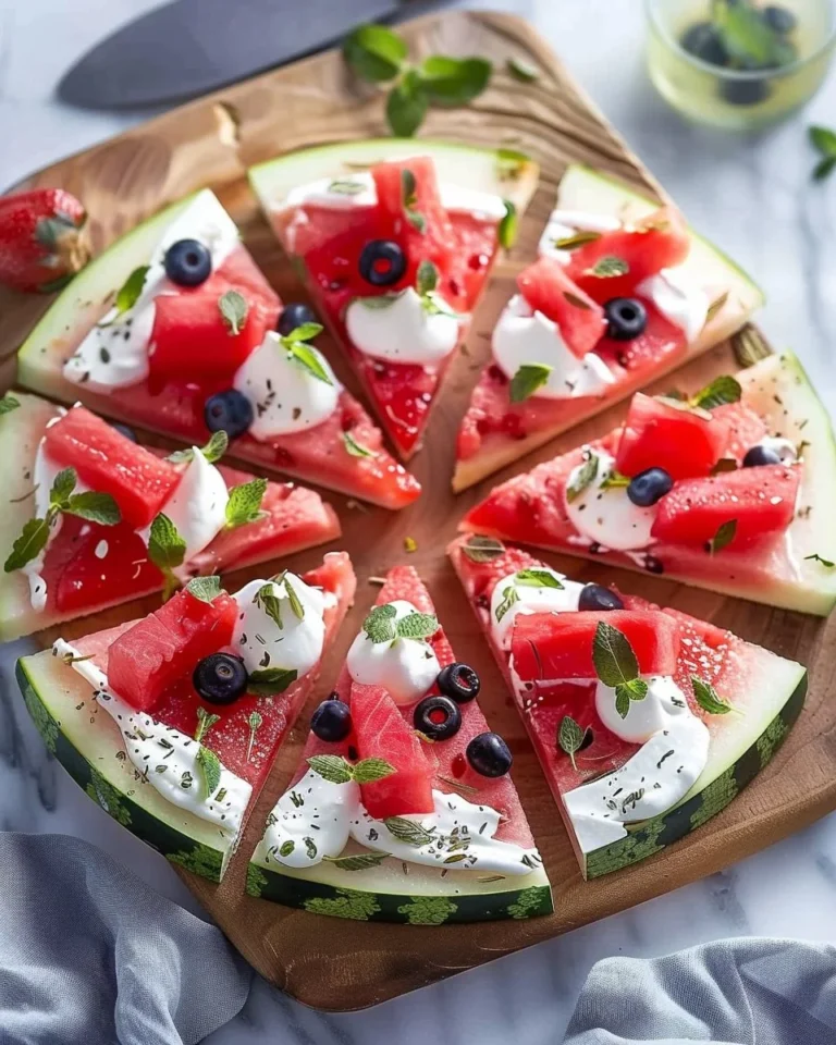 Deliciously served Sweet Watermelon Pizza topped with fresh fruits and mint leaves