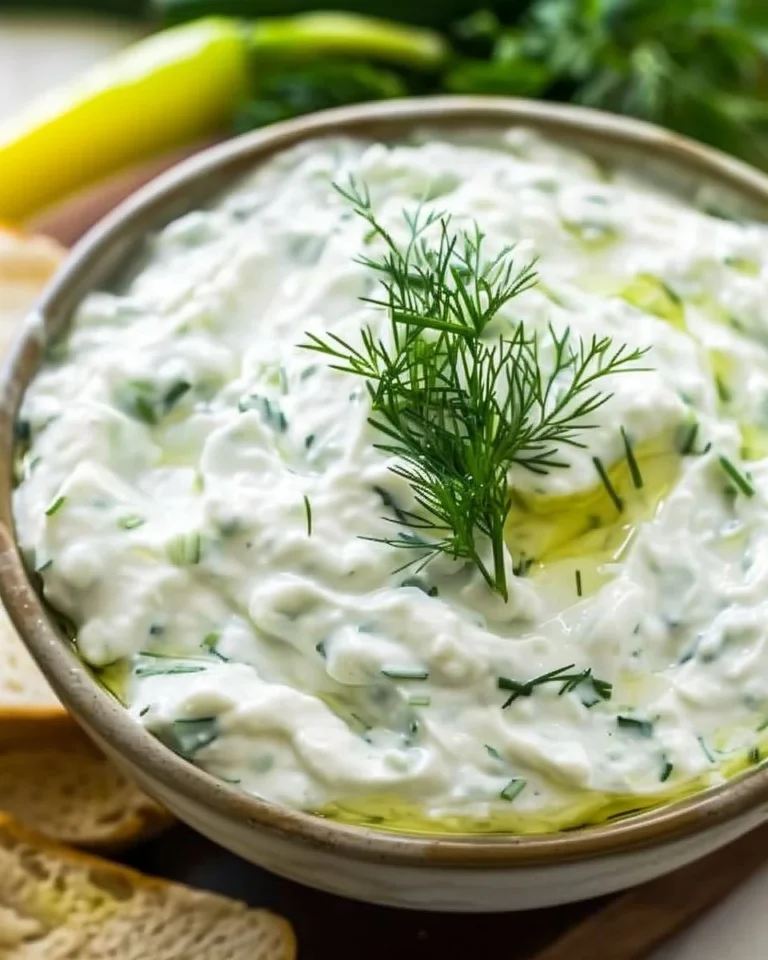 Homemade tzatziki sauce served in a bowl with herbs