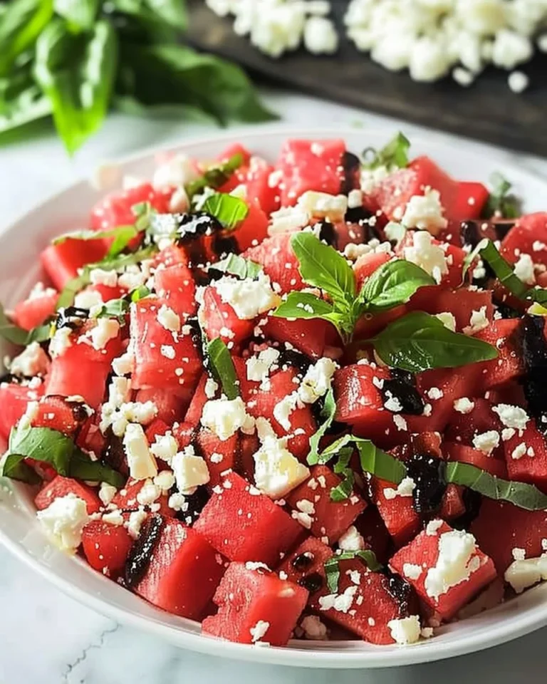 Colorful Watermelon Feta Salad with mint leaves and feta cheese