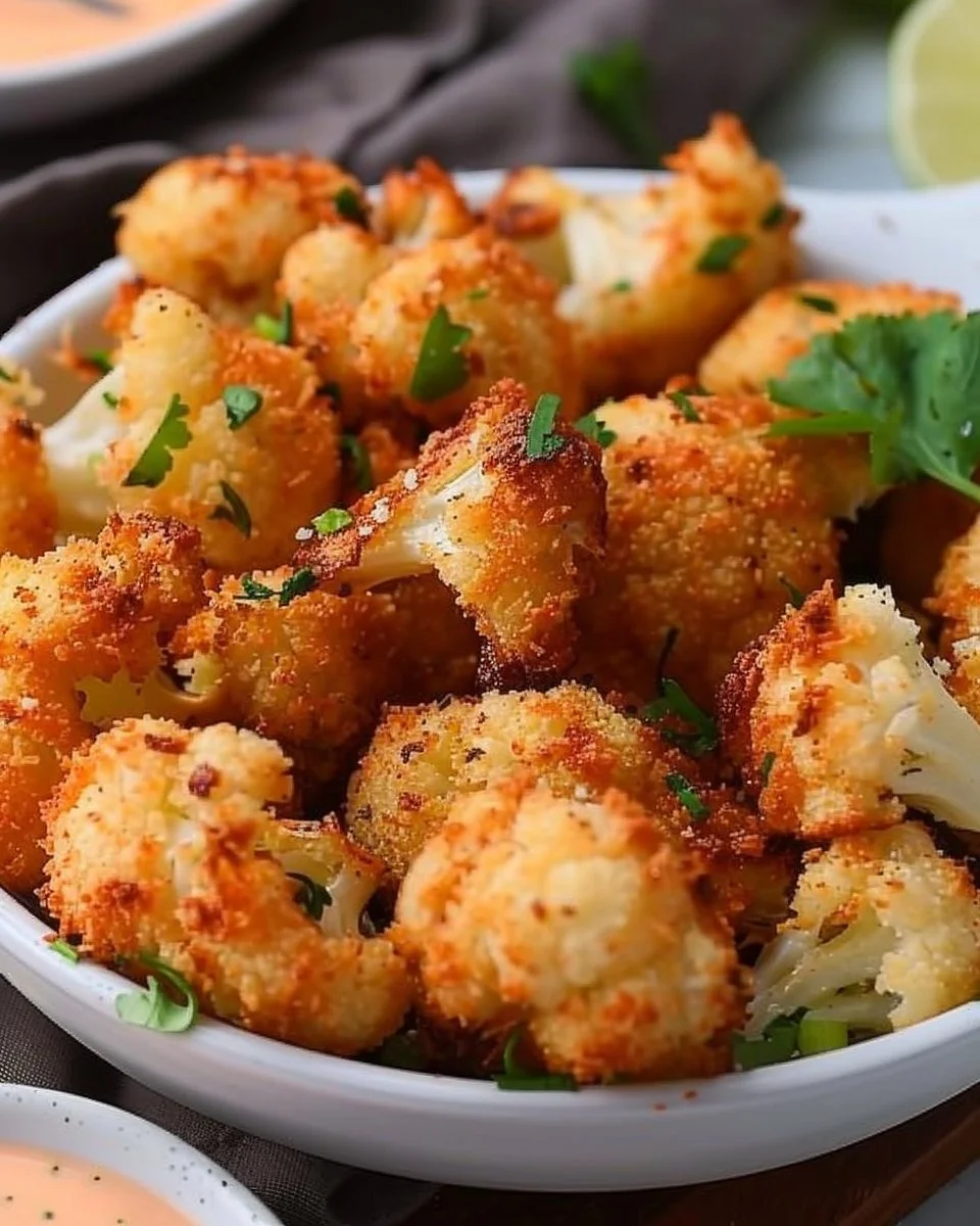 Air fryer crispy breaded cauliflower served on a plate