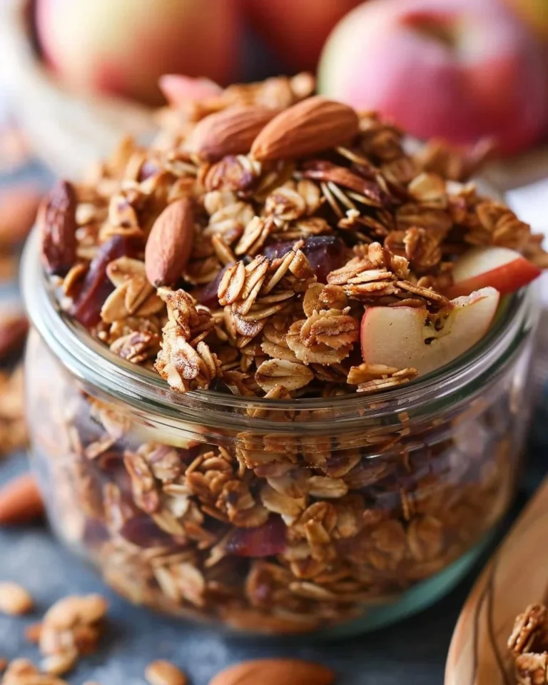 Bowl of vegan and gluten-free apple pie granola topped with fresh fruit