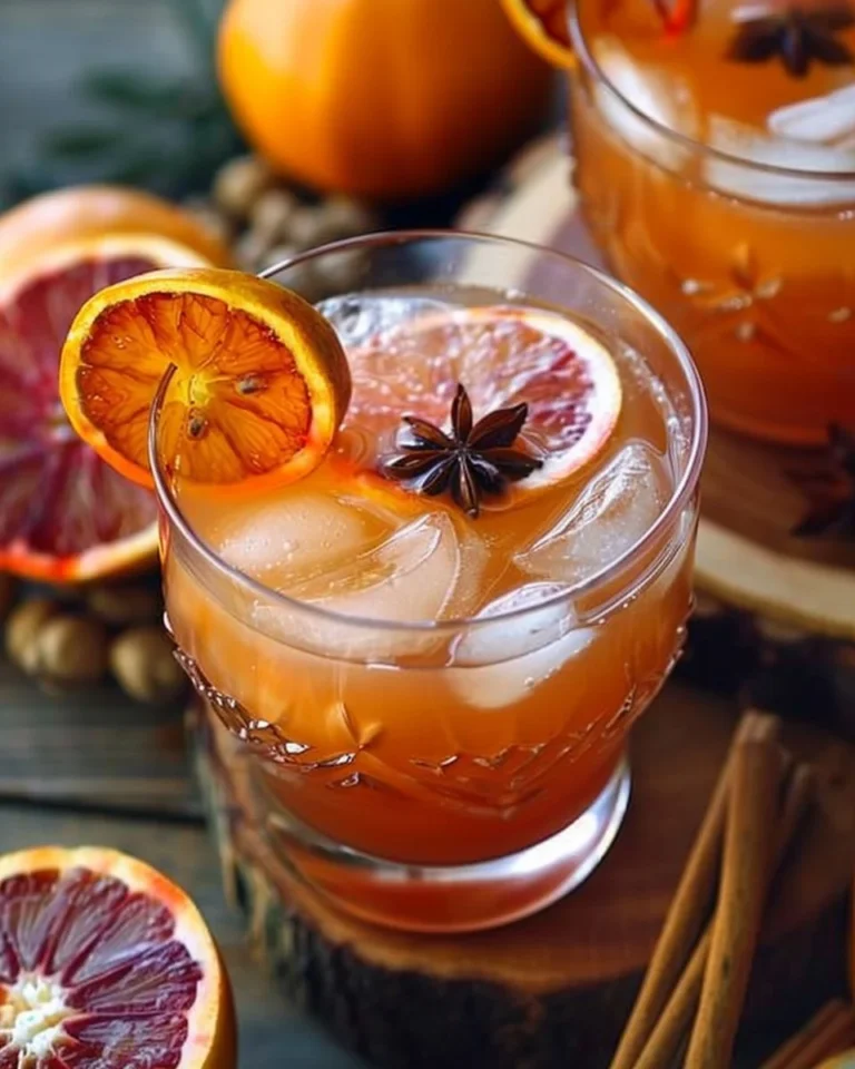 Colorful fall punch served in a glass with autumn leaves and spices