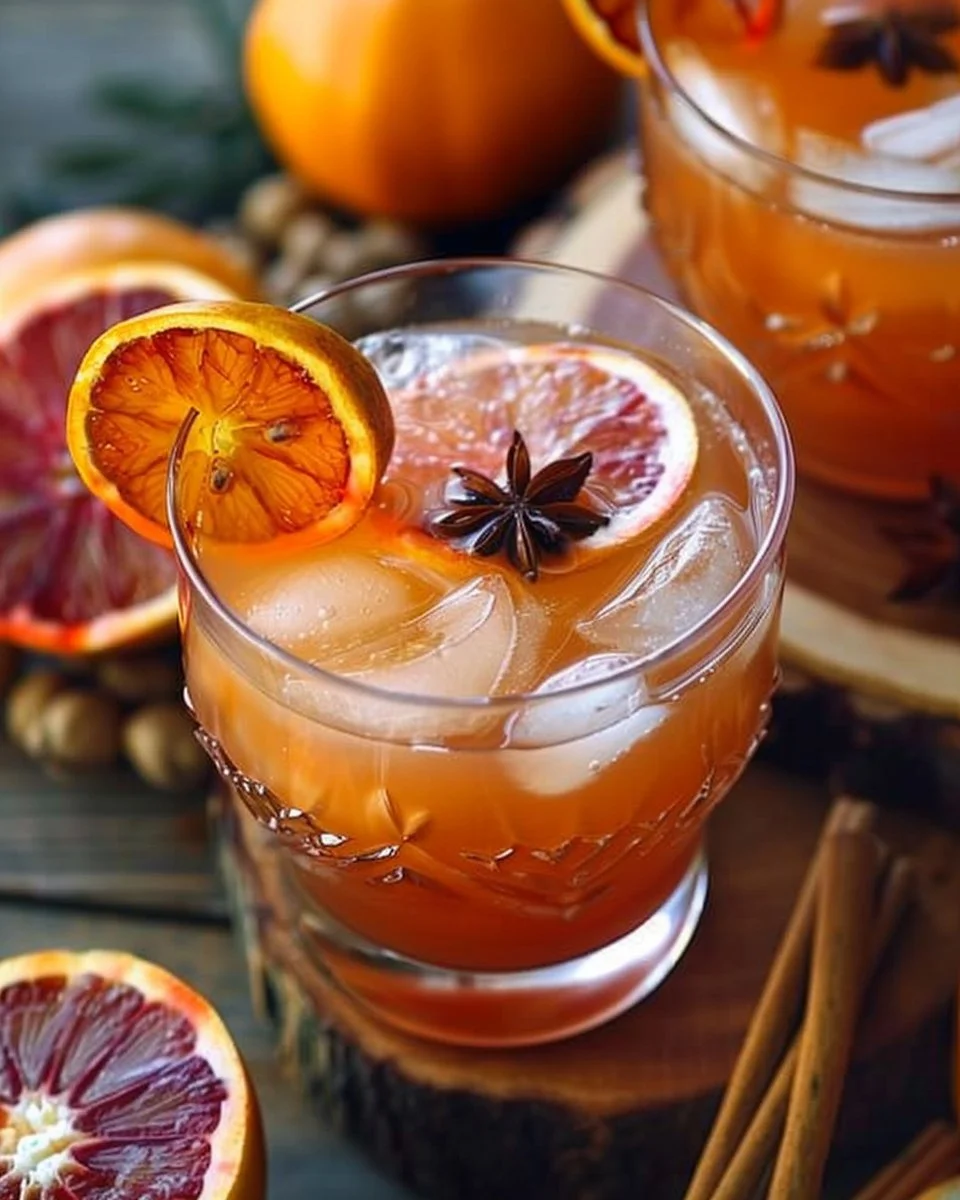 Colorful fall punch served in a glass with autumn leaves and spices