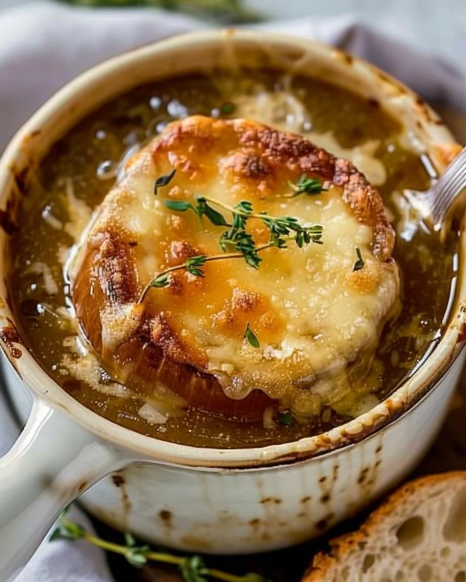 Delicious bowl of French Onion Soup topped with melted cheese and crispy croutons.