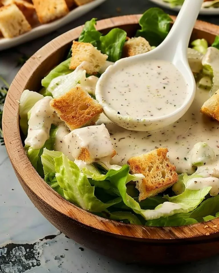 Homemade high-protein Caesar dressing in a bowl with fresh ingredients.