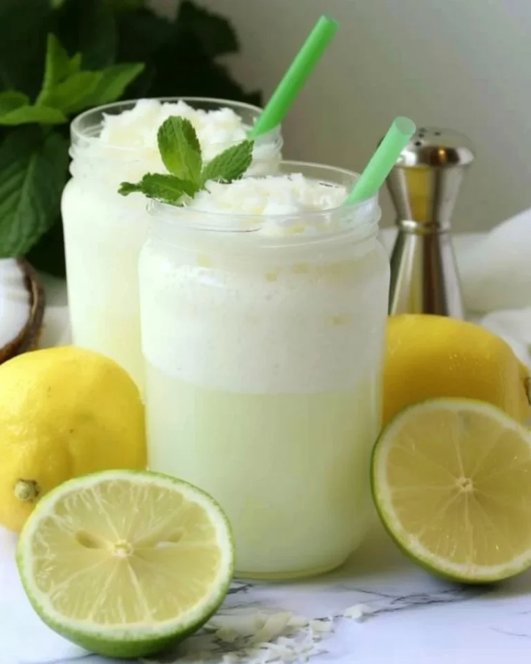 Glass of Brazilian Lemonade with Coconut, garnished with lime slice