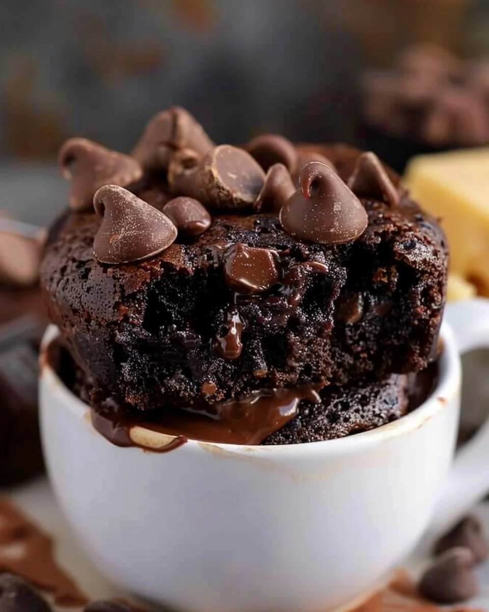 Chocolate eggless protein mug cake topped with chocolate chips