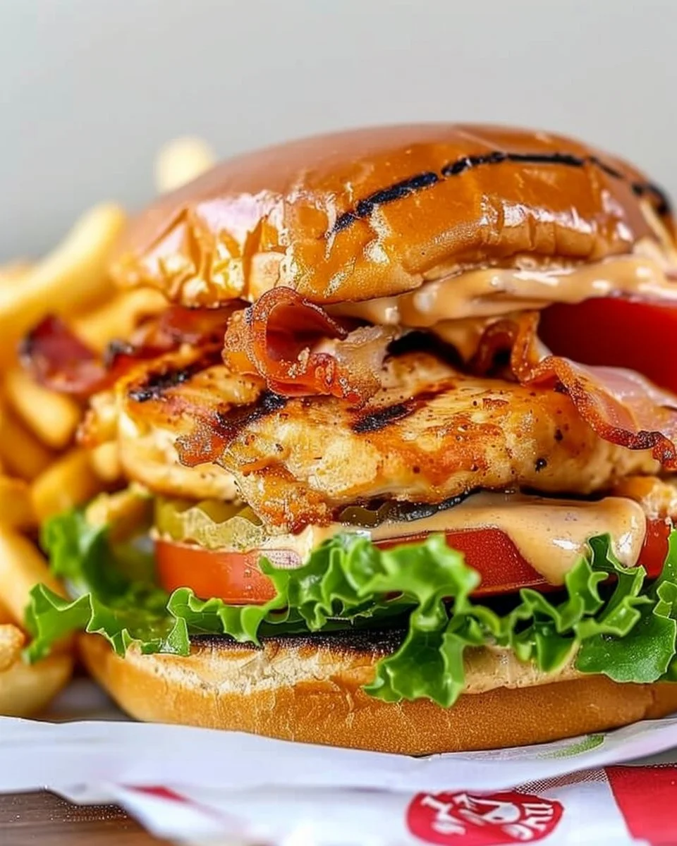 Copycat Chick Fil A Grilled Chicken Club sandwich garnished with lettuce and tomato.