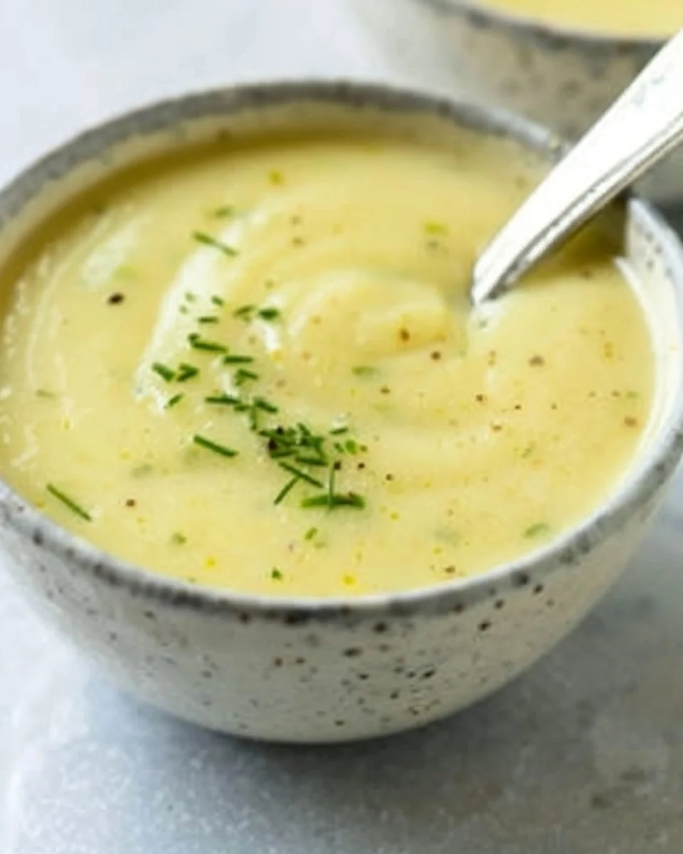Creamy zucchini soup garnished with fresh herbs in a bowl