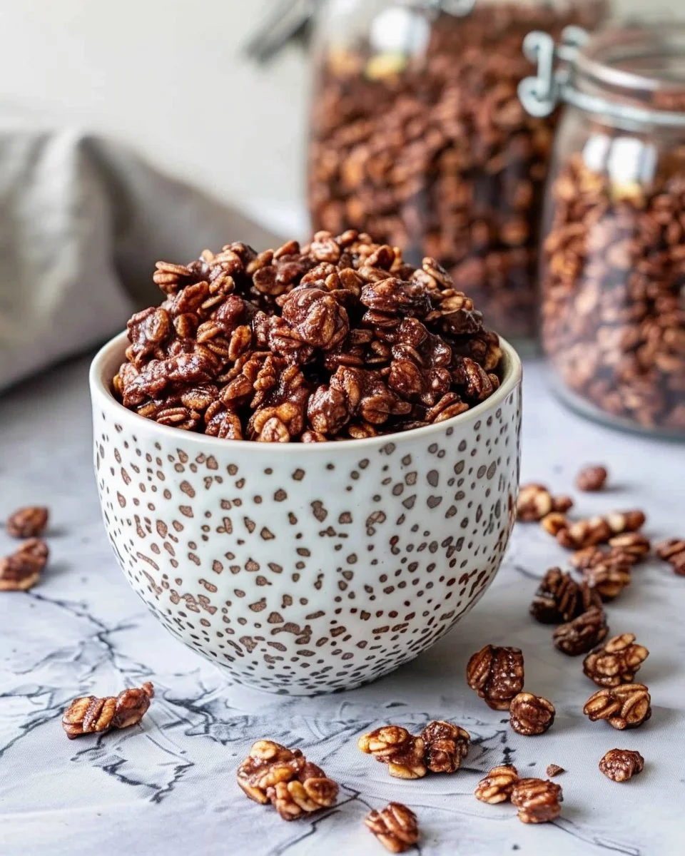 Bowl of crispy chocolate puffed rice cereal with a spoon