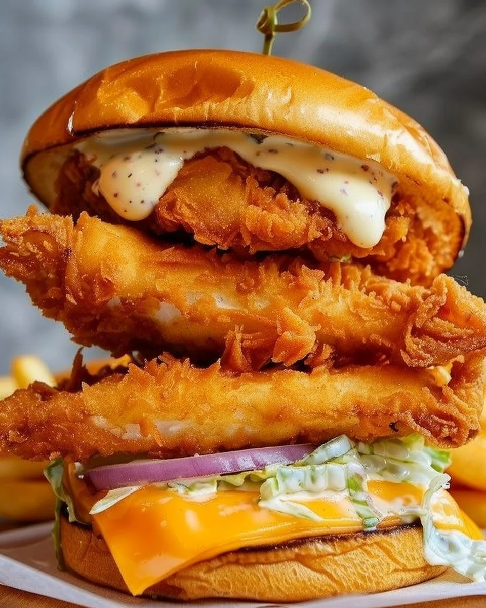 Crispy fish sandwiches served with fresh toppings and a side of sauce