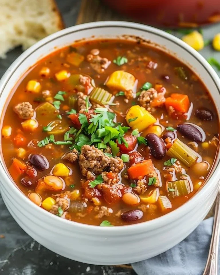 Bowl of delicious Crockpot Cowboy Soup with vegetables and meat