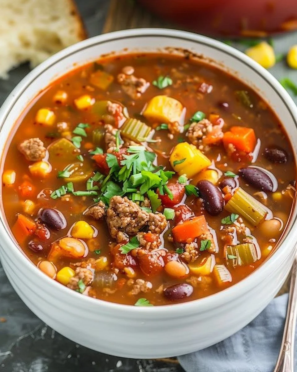 Bowl of delicious Crockpot Cowboy Soup with vegetables and meat