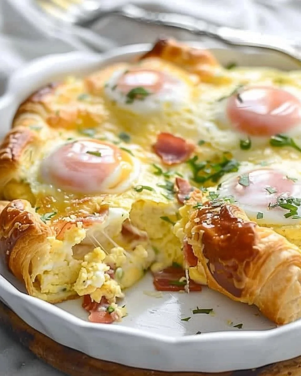 Eggs Benedict Croissant Casserole served on a plate with garnish