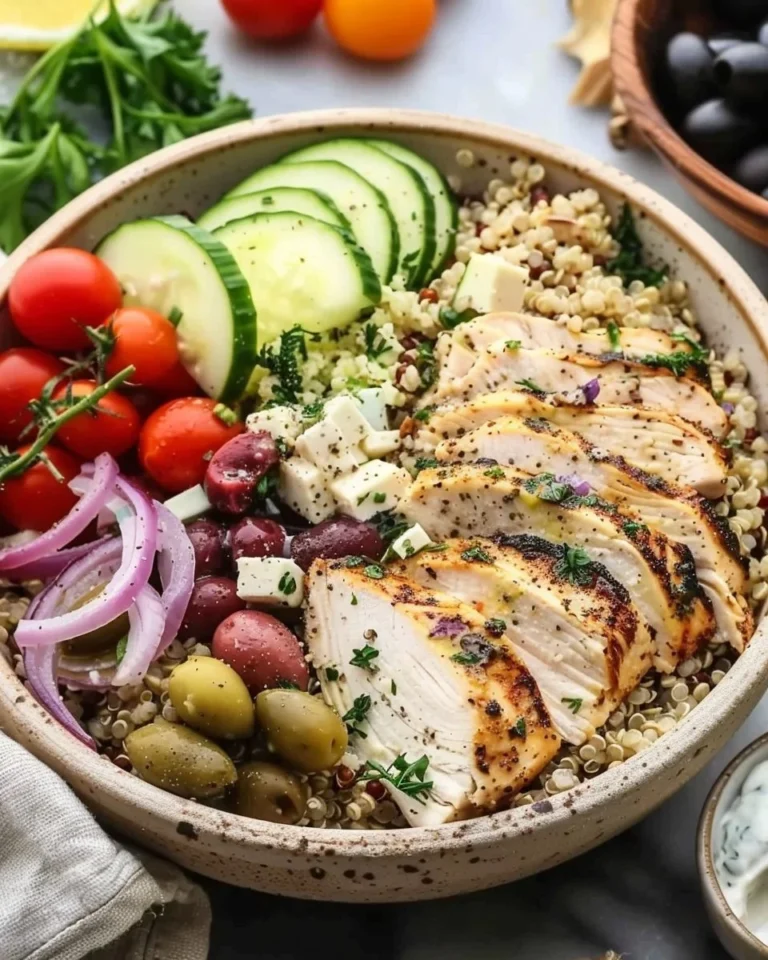 Healthy Greek Chicken Quinoa Bowl topped with fresh vegetables and feta cheese.