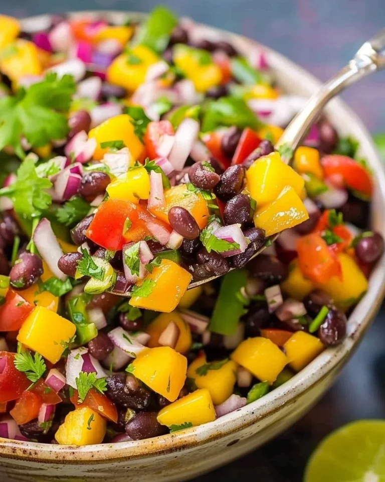 Homemade mango black bean salsa served in a bowl with tortilla chips.
