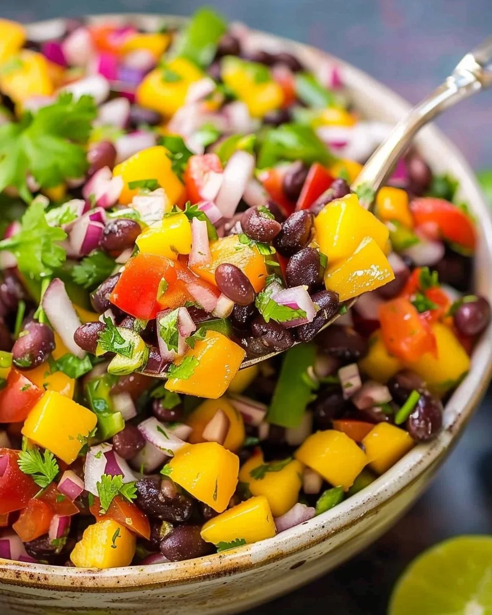 Homemade mango black bean salsa served in a bowl with tortilla chips.