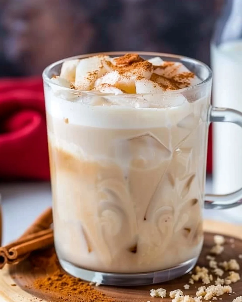 Iced Apple Crisp Cream Chai Latte in a glass garnished with apple slices