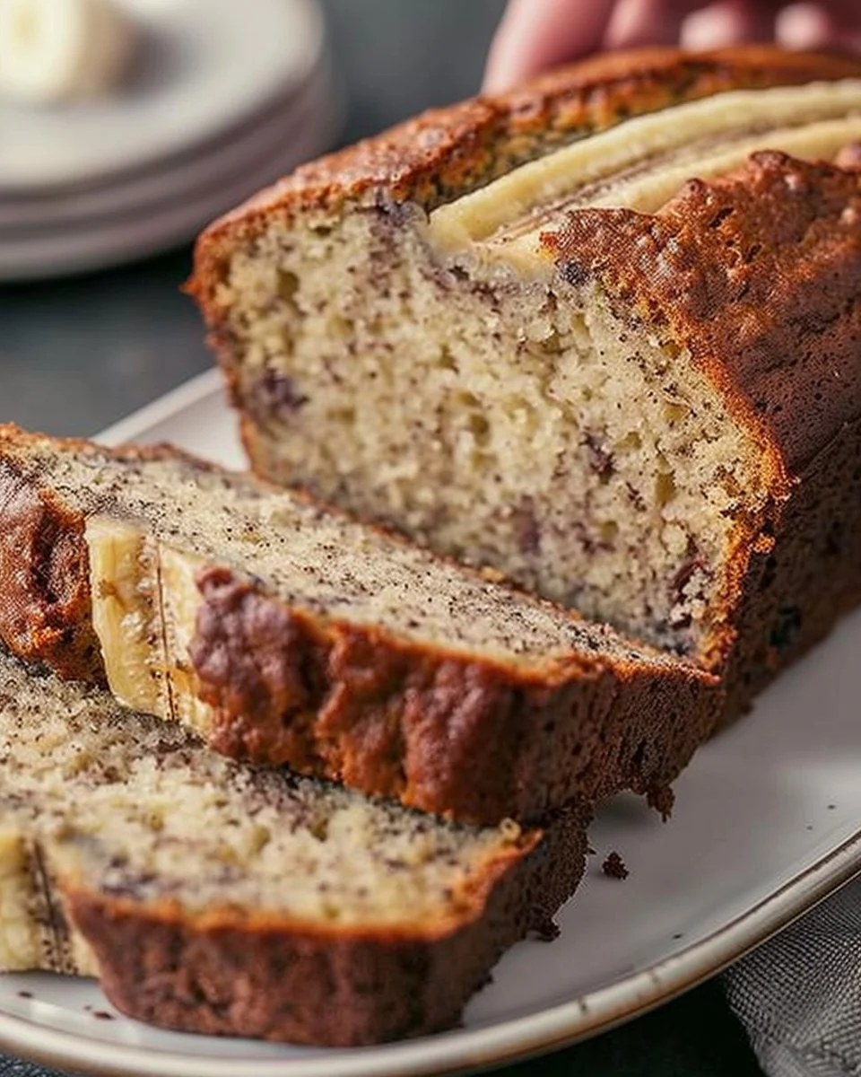 Sliced banana bread recipe by Ina Garten, showcasing a moist and flavorful loaf.