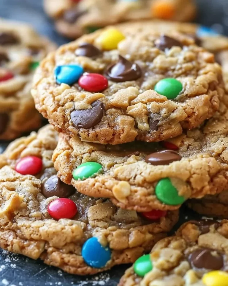 Delicious homemade Monster Cookies with chocolate chips and colorful candies