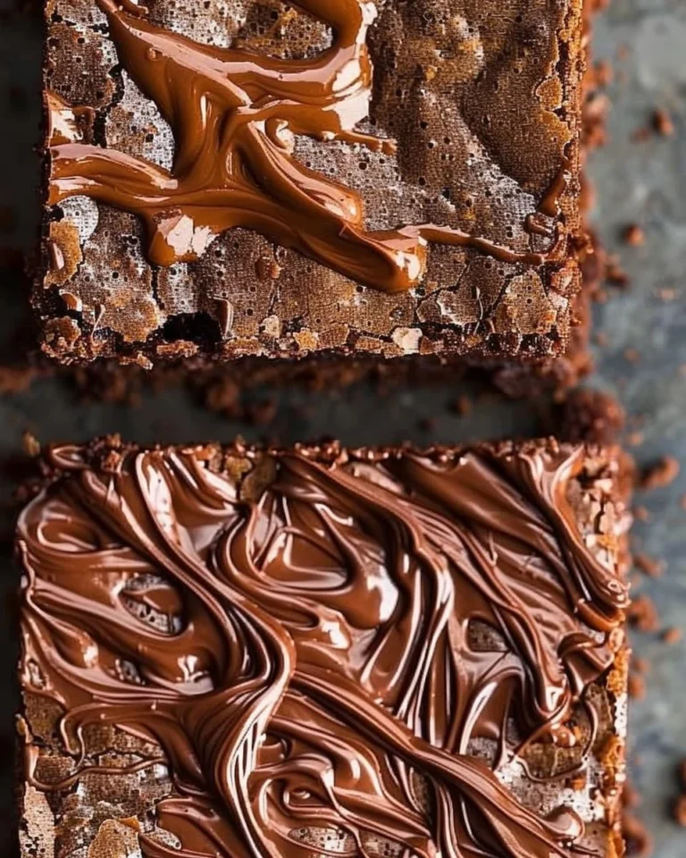 Delicious homemade Nutella brownies on a plate with a drizzle of chocolate.